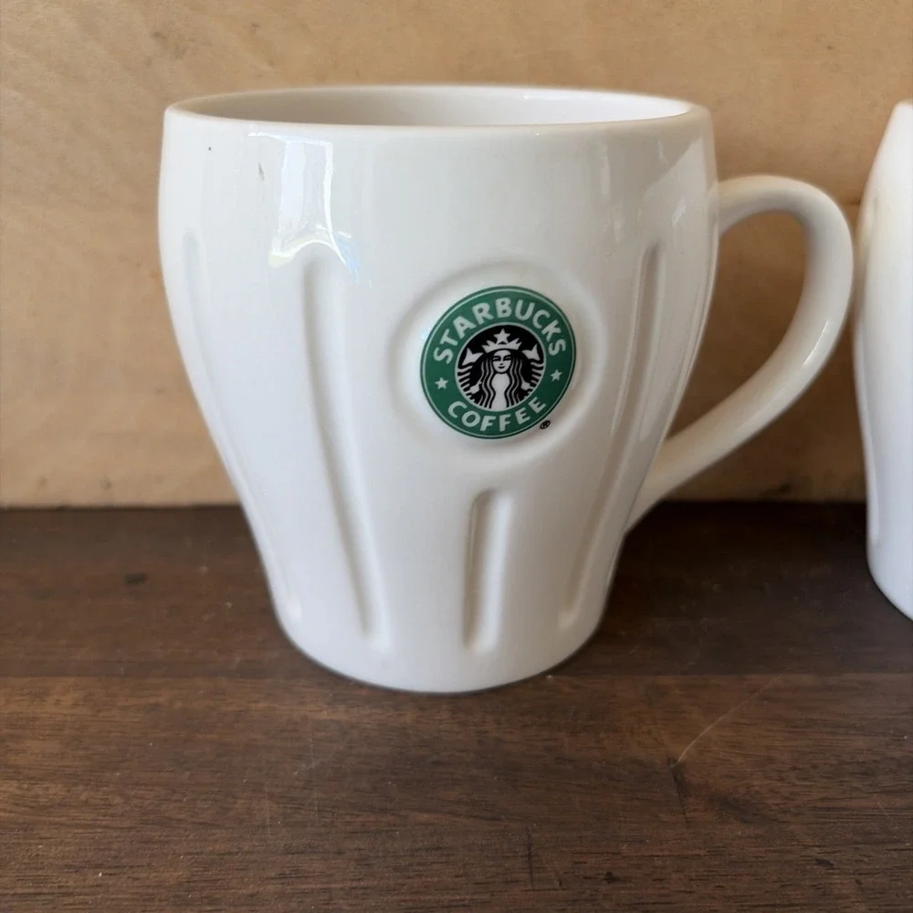 Pair Of 2003 Starbucks Siren Coffee Mug White Fluted Barista Set of Two Vintage